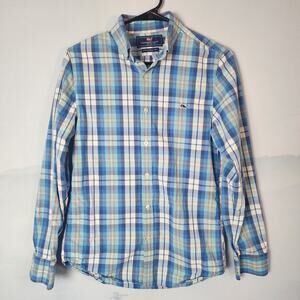 Vineyard Vines Blue Green Plaid Slim Fit Button Up Whale Shirt | Men's XS